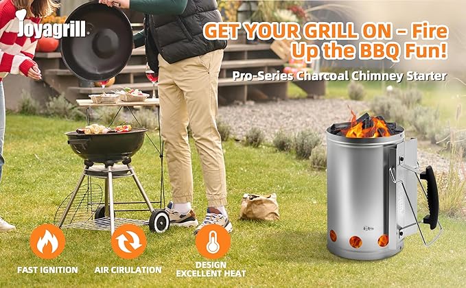 Charcoal Chimney Starter with Firelighters, XL 7.5X12 Chimney Starter, Tilted Handle Design for Safe Outdoor Grilling & Camping, Silver