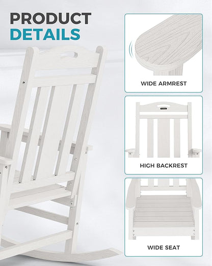 Ciokea Oversized Outdoor Rocking Chairs Set of 2, 380lbs Heavy-Duty Large Patio Rocker, High Back Cozy Porch Chairs, Weather Resistant Patio Rocking Chairs for Outside, Fire Pit, Deck, White