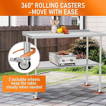 Stainless Steel Prep Table 30" X 48" with Adjustable Undershelf, Backsplash and Wheels, Commercial Metal Workstations for Kitchen, Garage, Outdoor BBQ