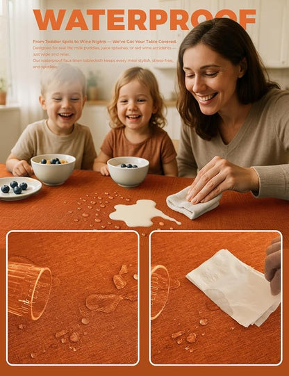 Decorelia Waterproof Wipe Clean Table Cloth for 10ft Banquet Rectangle Table, Outdoor Spillproof Wrinkle Free Tablecloth for Thanksgiving, Christmas, Easter (Oblong, 60 x 144 Inch (12-14 Seats), Rust)