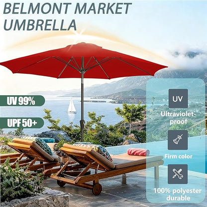 9FT Outdoor Patio Umbrella Outdoor pool Umbrella with Push Button Tilt and Crank, Market Umbrella 8 Sturdy Ribs UV Protection for Garden, Deck, Backyard (Red)