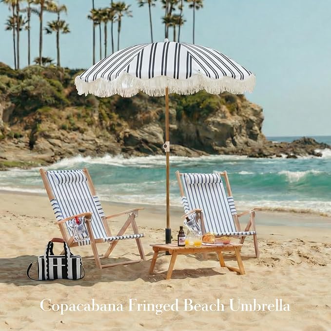 6FT Striped Fringe Beach Umbrella, Sand Anchor, UPF 50+ Sun Shade | Adjustable Tilt & Portable Design, Coastal Umbrella for Beach & Patio, Heritage Black Stripe