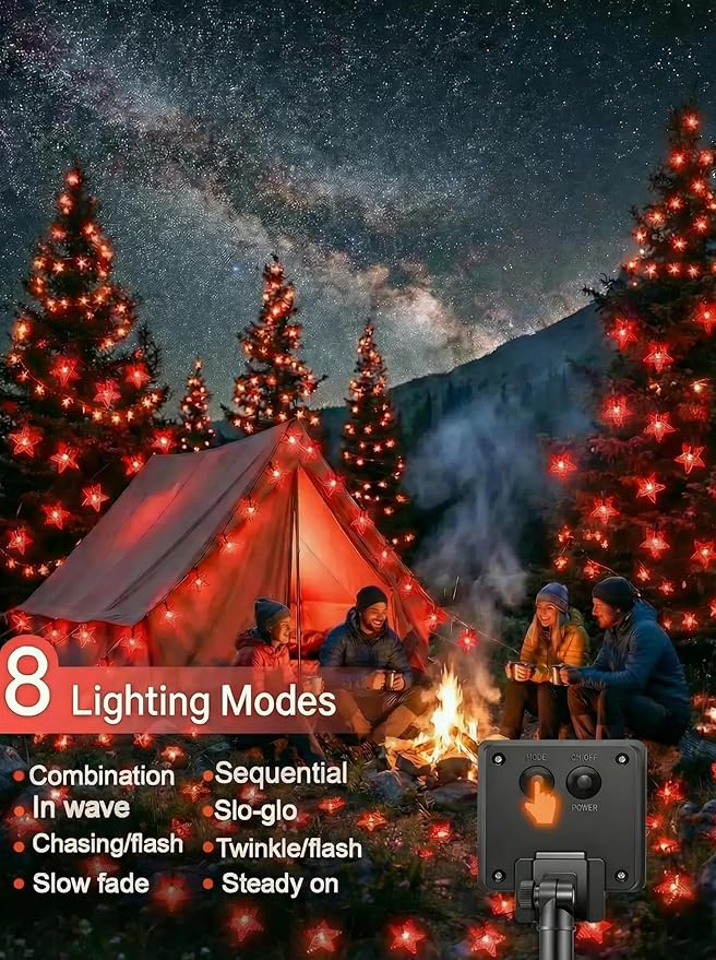 Solar Twinkle Star String Lights Outdoor Indoor Waterproof 39FT 100 LED Solar Powered Fairy Lights with 8 Lighting Modes Christmas Decor for Camping Tree Party Yard Wedding Garden (Red)