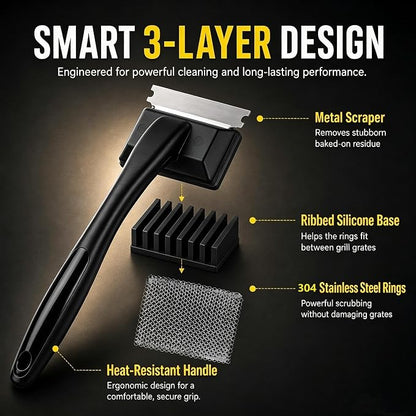 Bristle-Free Grill Brush & Scraper,Durable, Efficient and Extra Safe BBQ Cleaning Brush for Cast Iron and Stainless Steel Outdoor Grills(Fine Mesh)