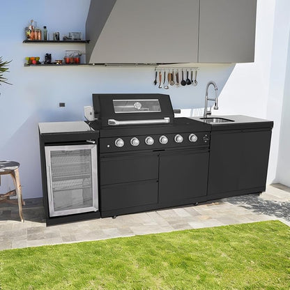 4 Burner Outdoor Kitchen Island with Grill and Side Burner, 72000 BTU Deluxe Stainless Steel Modular Outdoor Kitchen, Gas Propane BBQ Island with Refrigerator, 2 Doors Sink, Rotisserie, 104"W, Black