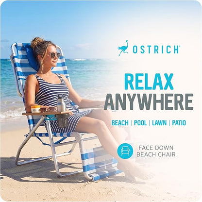 Ostrich the Original 3N1 Lightweight Beach Reclining Lounge Chair with Footrest, Outdoor Furniture for Patio, Balcony, Backyard, or Porch, Blue Stripe