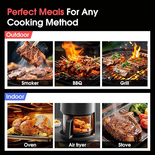 Smart WiFi Wireless Meat Thermometer, Sub-1G 656FT Range, 7-Sensor Probe, Standalone LED Base, IP68 Waterproof, APP Remote for BBQ Grill Smoker Oven
