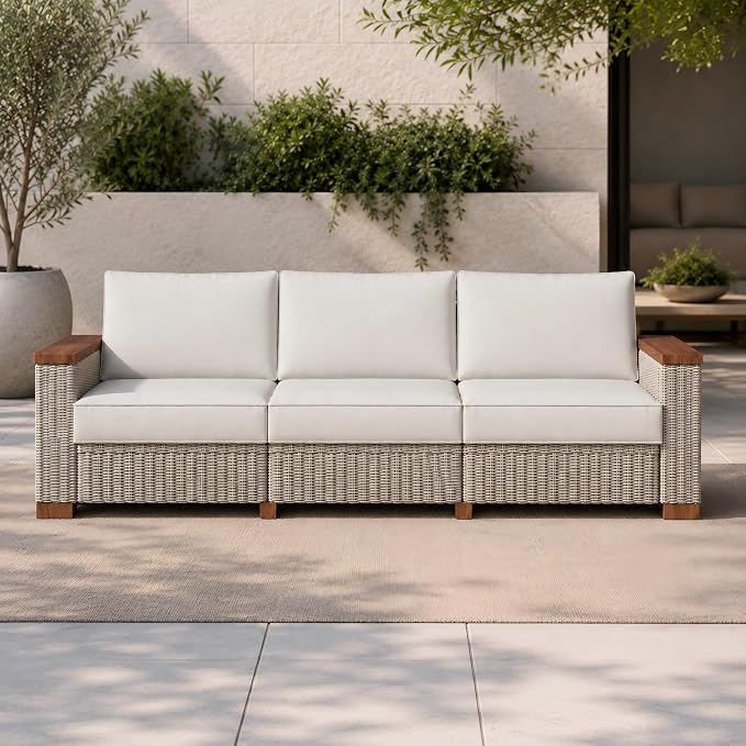 PaPaJet Outdoor Patio Sofa, 3 Seat Wicker Couch with Solid Armrests & Legs, 4.7" Thickened Removable Cushions, UV-Resistant Modular Sofa for Porch, Backyard, Garden