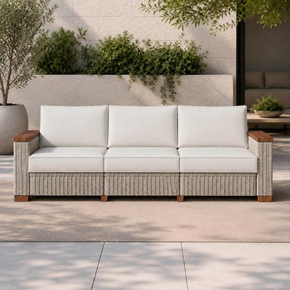 PaPaJet Outdoor Patio Sofa, 3 Seat Wicker Couch with Solid Armrests & Legs, 4.7" Thickened Removable Cushions, UV-Resistant Modular Sofa for Porch, Backyard, Garden