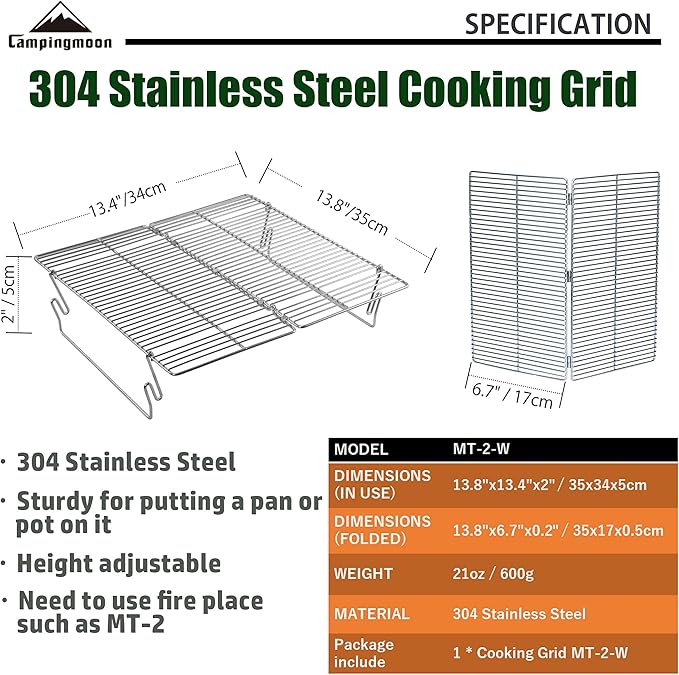 CAMPINGMOON Stainless Steel Foldable Camping Grills Portable Wood Burning Charcoal Grill 14-inch with Carrying Bag MT-2