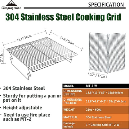 CAMPINGMOON Stainless Steel Foldable Camping Grills Portable Wood Burning Charcoal Grill 14-inch with Carrying Bag MT-2