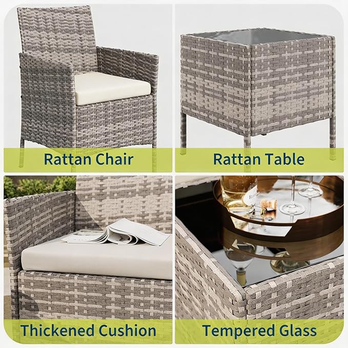 3-Piece Outdoor Furniture Set, PE Rattan Wicker Chairs with Soft Cushions & Tempered Glass Coffee Table - All-Weather Patio Set for Garden, Backyard, Porch, Poolside (Grey/Beige)