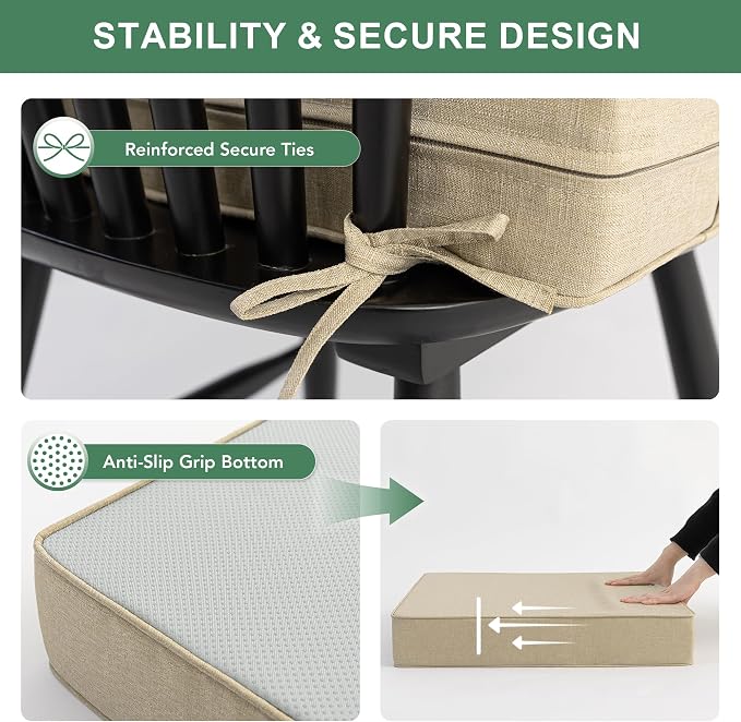 Summsun Outdoor Chair Cushions Set of 2, Faux Linen Patio Furniture Cushions, Water Resistant Backrest and Seat Cushion Set with Ties, Removable Cover, Non-Slip Bottom, 19 x 19 Inch, Nature