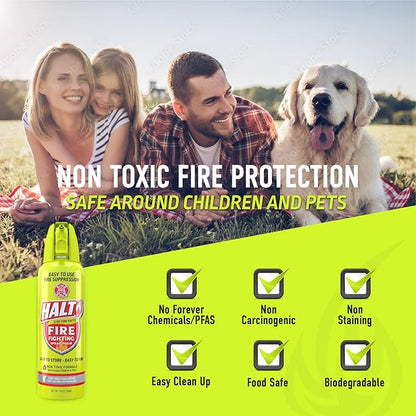 HALT! 10oz Fire Safety Spray – Non-Toxic, PFAS-Free Handheld Fire Suppressor – Easy to Use, Store & Find – Compact & Portable for Home, Kitchen, Car, BBQ, Camping & Tailgate – Made in USA (4pk)