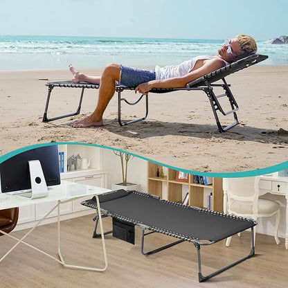 #WEJOY Folding Lounge Chair Outdoor, 5-Position Adjustable Sunbathing Tanning Chair with Shoulder Strap & Side Pocket, Heavy Duty Reclining Chair for Patio Pool Camping, Portable Folding Bed Cot,Black