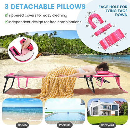 GYMAX Tanning Chair, 330lbs Beach Lounge Chair with Face Hole, Washable Pillow & Carry Strap, Adjustable Folding Chaise Lounge, Layout Lounger for Outside, Patio, Poolside, Lawn (1, Pink Stripe)
