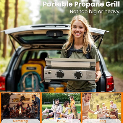 COWSAR 2-Burner Portable Tabletop Grill, 16000 BTU Stainless Steel Non-Stick Outdoor Portable Propane Griddle for Camping RV Backyard BBQ