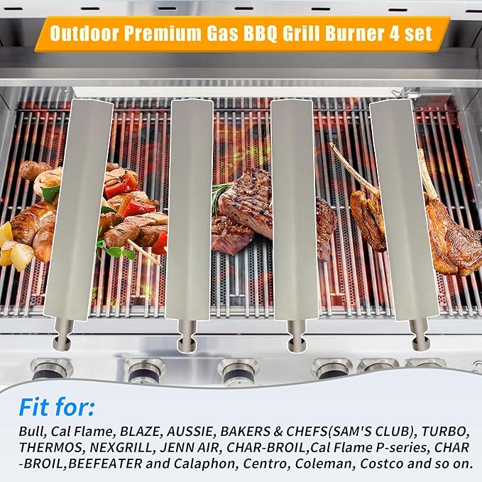 4-Set 15 3/4" Heavy Duty Cast 304 Stainless Steel Grill Burners for Bull, Premium Outdoor Bull BBQ Gas Grill Replacements Parts for Cal Flame P-Series, Aussie, Thermos, Turbo, Beefeater, etc