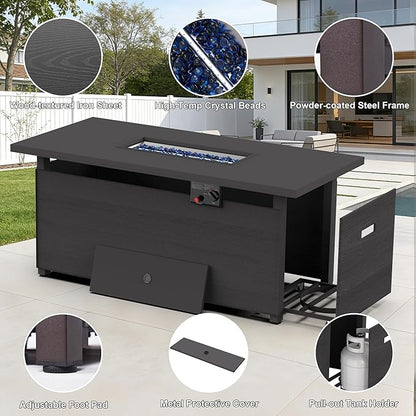 51 inch Propane Fire Pit Table, 50,000 BTU Outdoor Fire Pit Table with Steel Lid and High-Temp Crystal Beads, 2 in 1 Rectangle Gas Fire Pit Table for Garden/Patio Outside (51 inch, With Crystal Beads)