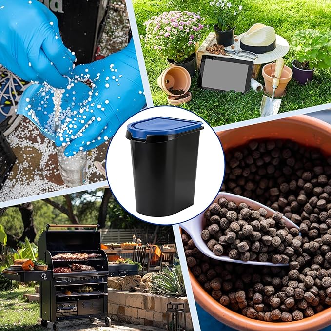 Maxdot 3 Sets 22lb Wood Pellet Storage Containers with Smoker Grill Pellet Label Stickers Spoon Locking Lid Charcoal Container Holds for Men Gift Smoker Charcoal Outdoor Grill Pellets Camping Party