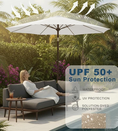 9FT Auto-Tilt Patio Umbrella|Outdoor Market Table Umbrella with 8 Fiberglass Ribs for Pool,Deck&Backyard