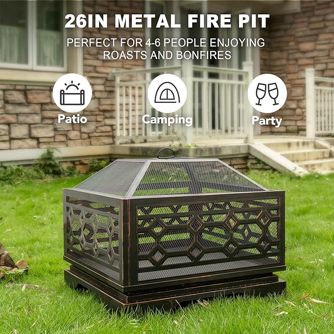 Florise Outdoor Fire Pit, 26 Inch Wood Burning Firepit for Outside with Mesh Cover & Fire Poker, Large Square Metal Fireplace for Patio, Backyard, Garden, Bonfire Party