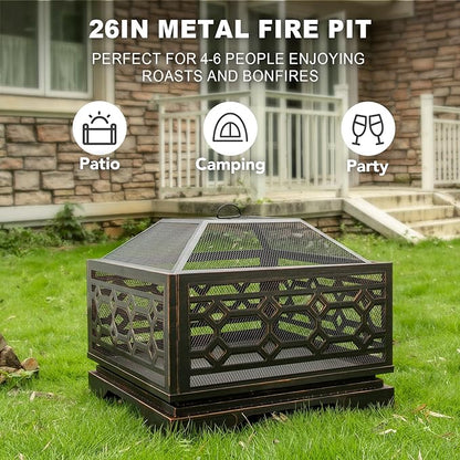 Florise Outdoor Fire Pit, 26 Inch Wood Burning Firepit for Outside with Mesh Cover & Fire Poker, Large Square Metal Fireplace for Patio, Backyard, Garden, Bonfire Party