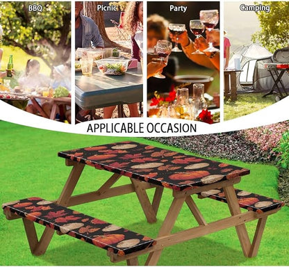Thanksgiving Elastic Fitted Table Cloth for Outdoor Camping Red Maple Leaf Pumpkin Camping Table Cloth for Picnic Table 3 PCS Set