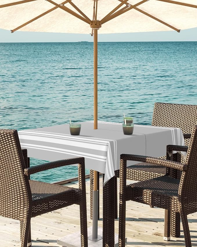 QueenKer Outdoor Tablecloth with Umbrella Hole, Farmhouse Gray White Stripe Square Tables Waterproof Tabletop Collection for Patio, Garden, Picnic, Camping, Dining 54 x 54 inch