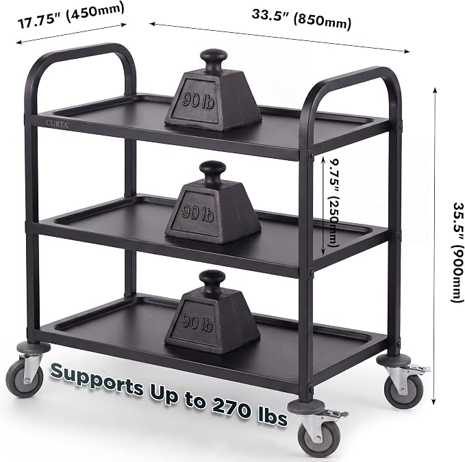 Black Stainless Steel Serving Cart, 3-Tier Rolling Utility Trolley (34"x18"x36"), Heavy Duty Painted Kitchen Cart on Wheels with Brakes, Commercial Grade for Restaurant, Hotel, Salon & Lab
