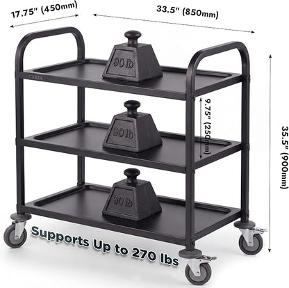 Black Stainless Steel Serving Cart, 3-Tier Rolling Utility Trolley (34"x18"x36"), Heavy Duty Painted Kitchen Cart on Wheels with Brakes, Commercial Grade for Restaurant, Hotel, Salon & Lab