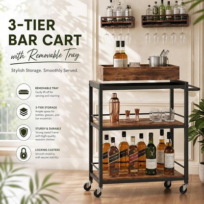 3-Tier Rolling Bar Cart with Removable Tray for Home Kitchen | Rolling Wheels with Handle, 3-Tier Storage, Removable Serving Tray, Sturdy Frame, Multi-Purpose for Kitchen & Bar Use