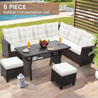 KROFEM 6-Piece Patio Furniture Set, Outdoor Sectional Sofa with Dining Table & Chairs, All-Weather Dining Set with Removable Cushion Covers, Ideal for Garden, Porch, Backyard, White