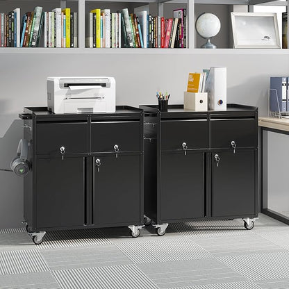 Aobabo Rolling Metal Storage Cabinet with Wheels, Heavy Duty Steel Garage Tool Cabinet with 2 Drawers, Pegboard & 4 Hooks, Lockable Mobile Organizer with Adjustable Shelves, Black, Assembly Required