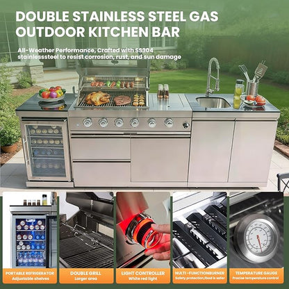 Outdoor Gas Grill Island with Refrigerator, 4 Burner 72,000 BTU BBQ Grill with Side Burner, Infrared Rotisserie, Granite Countertop, Stainless Steel Outdoor Kitchen (Silver+98in)