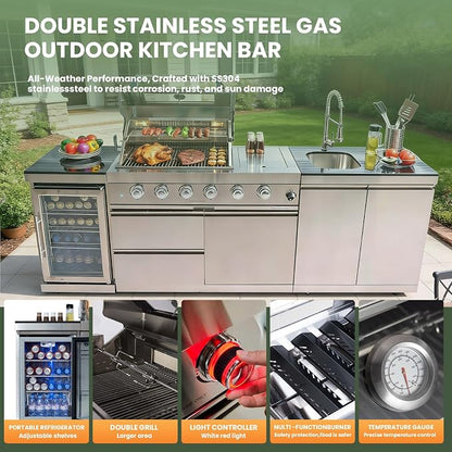 98" Rolling Outdoor Kitchen Island with Built-In 4 Burners 72,000 BTU Stainless Steel Gas Grill Featuring Rotisserie Oven,Granite Countertops,Beverage Fridge,Sink.(Silver + Fridge + Sink, Propane Gas)