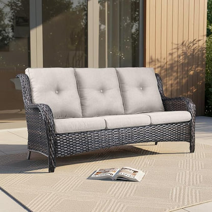 Outdoor Couch All Weather PE Wicker Patio Sofa Outdoor Sofa Deep Seating for Porch Deck Backyard-Brown/Beige