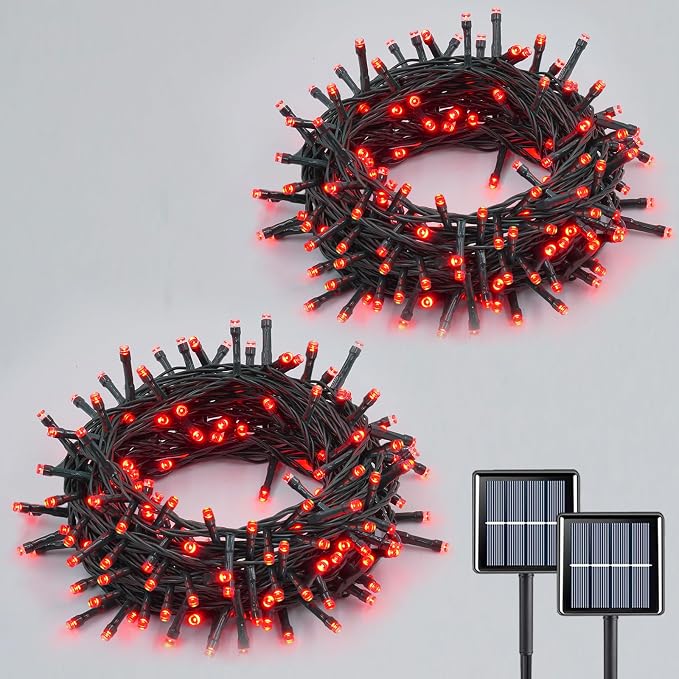 YEGUO Solar String Lights Outdoor Waterproof, 2 Packs Each 33ft 100 LED Red Lights, 8 Modes Twinkle Light for Christmas Tree Outside Garden Yard Xmas Decor