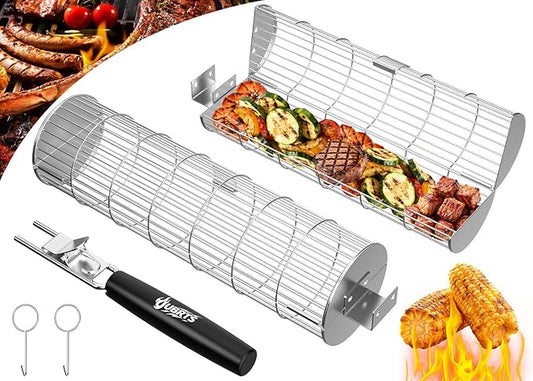 Rolling Grill Baskets for Outdoor Grill, 2PCS BBQ Grilling Basket with Removable Wooden Handle, Stainless Steel Camping Cooking Grill Accessories for Meat Fish Vegetable Seafood, Gifts for Men Dad Husband