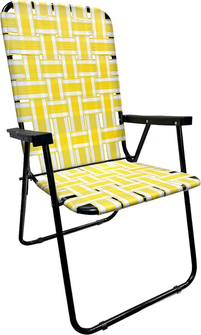 Lawn Chair Folding Steel Webbing Chaise Patio Lounger Seat Wood Handles Great for Camping, Beach, Fishing, Backyard, Stadium, Pool, Boating, and Sports, 1 Pack Yellow Stripes