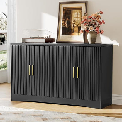 Memobarco 55" Modern Sideboard Buffet Cabinet with Storage, 4 Door Fluted Credenza Table Media Console Cabinet Entryway Cabinets for Living Room Kitchen, Black