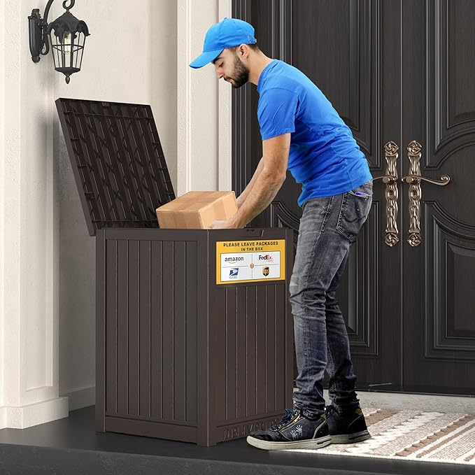 LHBGO Package Delivery Box for Outside with Sign, 48 Gallon Storage with Lockable Secure, Large Double Wall Resin Outdoor Package Delivery Waterproof