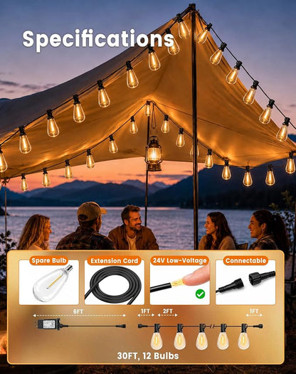 30FT(24+6) Outdoor String Lights, 2FT Spacing 12 LED Edison Bulbs, Waterproof, Shatterproof, Dimmable, Warm White, 3 Modes, Timer, Plug in Hanging Backyard Lights for Outside, Patio