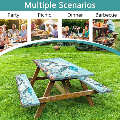 Ocean Sea Turtles Picnic Table Cover with Bench Covers and Bag, Camping Essentials, Waterproof Windproof, Fitted Tablecloth Cover with Elastic Edge, for Indoor & Outdoor, Garden, 3 PCS, 30x60 Inch