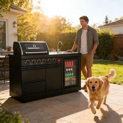 65-Inch 4-Burner 72,000 BTU Deluxe Stainless Steel Propane Gas Outdoor Kitchen Barbecue Island Grill, Wine Cooler, Compact Refrigerator, Marble Countertops
