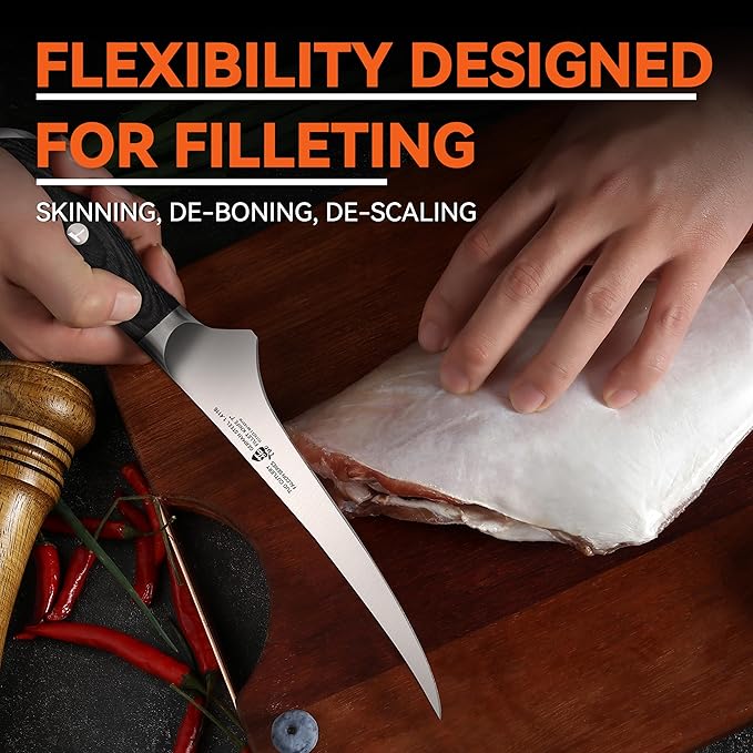TUO Fillet Knife, 7 Inch Professional Fish Boning Knife for Trimming Meat & Poultry, Flexible Blade, High Carbon German Steel, Riveted Handle - Falcon Series