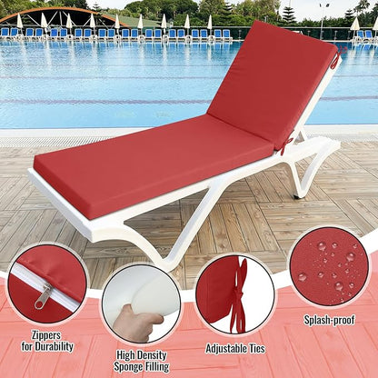 Patelai 2 Set Outdoor Chaise Lounge Cushions with Chair Covers, 70 x 21 x 3 Inch Waterproof Sun and Fade Resistant Thick Replacement Lounge Chair Cushions with Pockets for Patio Poolside (Red)