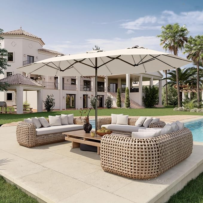 15FT Double Sided Patio Umbrella with Base Included Large Outdoor Market Umbrella with Crank Handle, UV Resistant Canopy, Sturdy Frame for Garden, Poolside, Deck, Beige