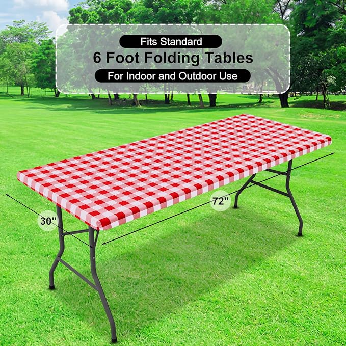 Buffalo Rectangle Picnic Tablecloth, 6 Foot Elastic Fitted Vinyl Table Cloth with Flannel Backing, Waterproof Plaid Table Covers for Dining, Camping, Outdoor (Red and White, 30" x 72")