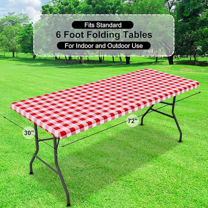 Buffalo Rectangle Picnic Tablecloth, 6 Foot Elastic Fitted Vinyl Table Cloth with Flannel Backing, Waterproof Plaid Table Covers for Dining, Camping, Outdoor (Red and White, 30" x 72")